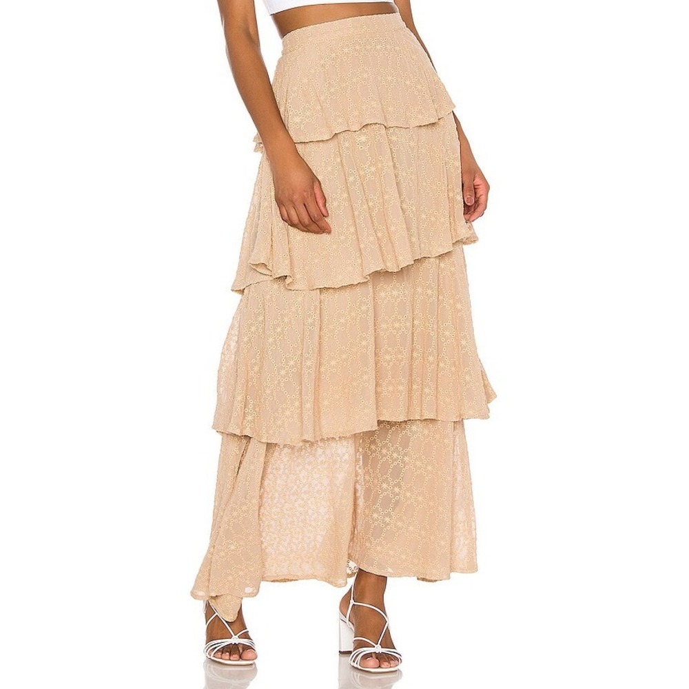 Revolve‎ Sundress Adria Skirt Georgette Canyon Eyelet Tiered Maxi yellow tan